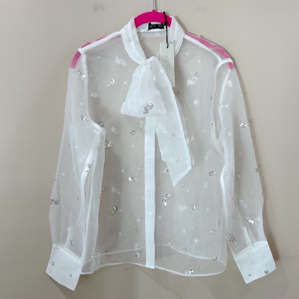 Rachel Zoe White Sheer Sequin Bow Blouse